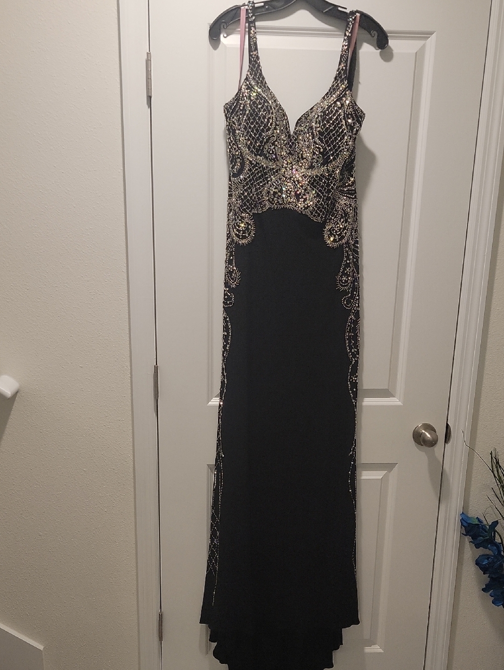 Black Evening Prom Dress with Gold Beaded Bodice